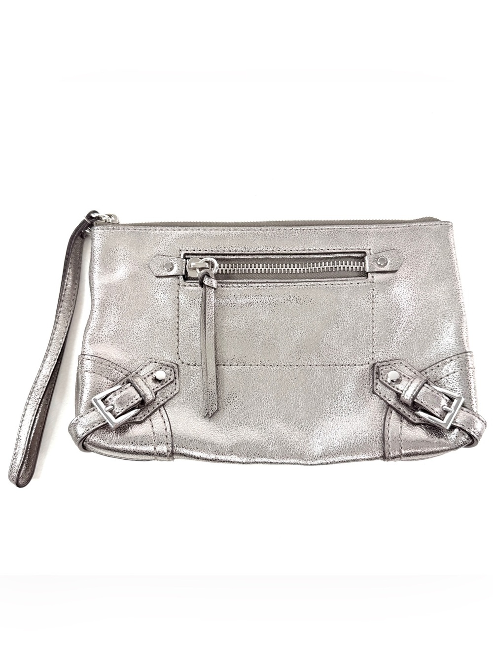 Michael Kors Metallic Silver Leather Mini Bag Clutch Wristlet Strap Buckles
